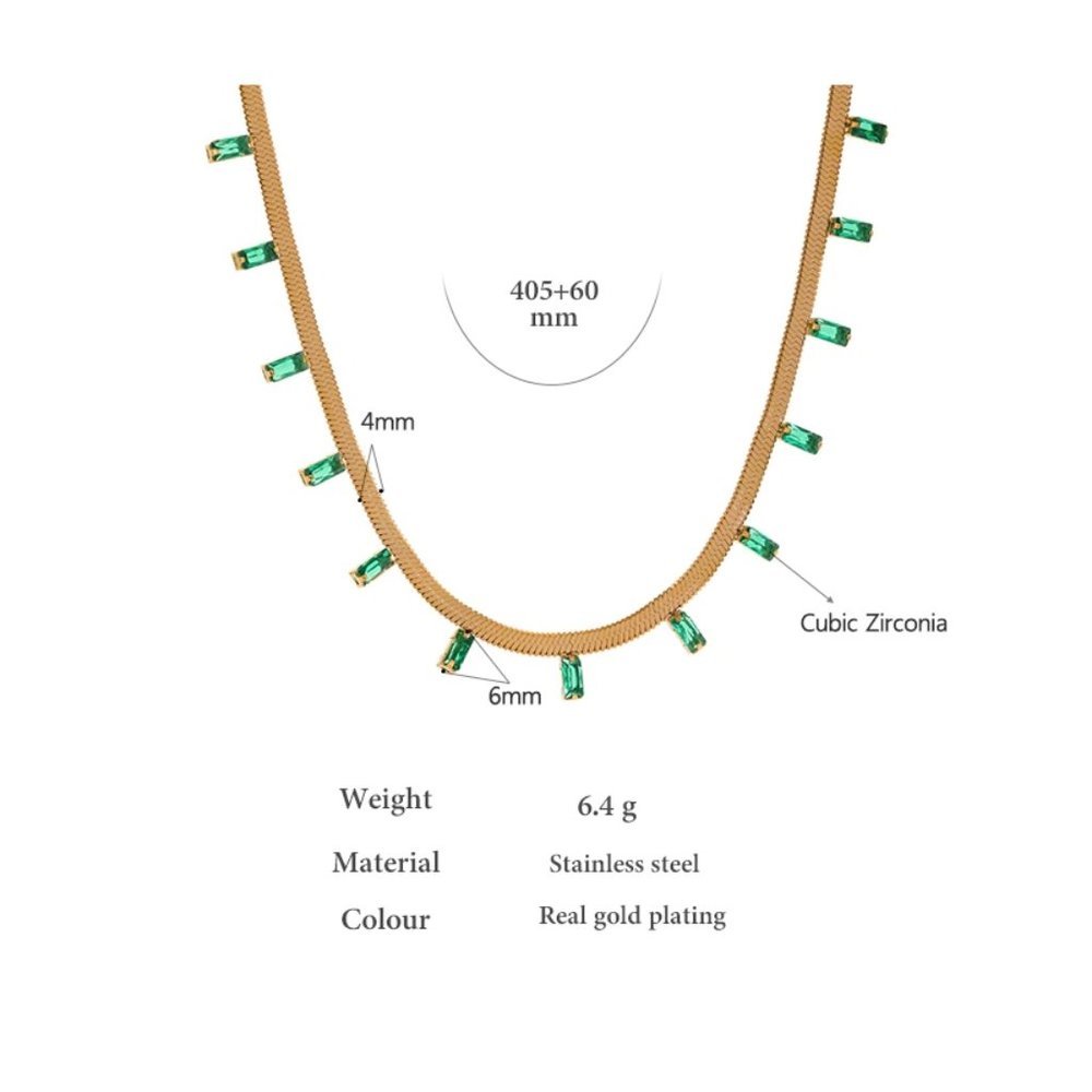 NEW 18K Gold Plated Green Baguette Stone Flat Herringbone Necklace - Picture 2 of 7